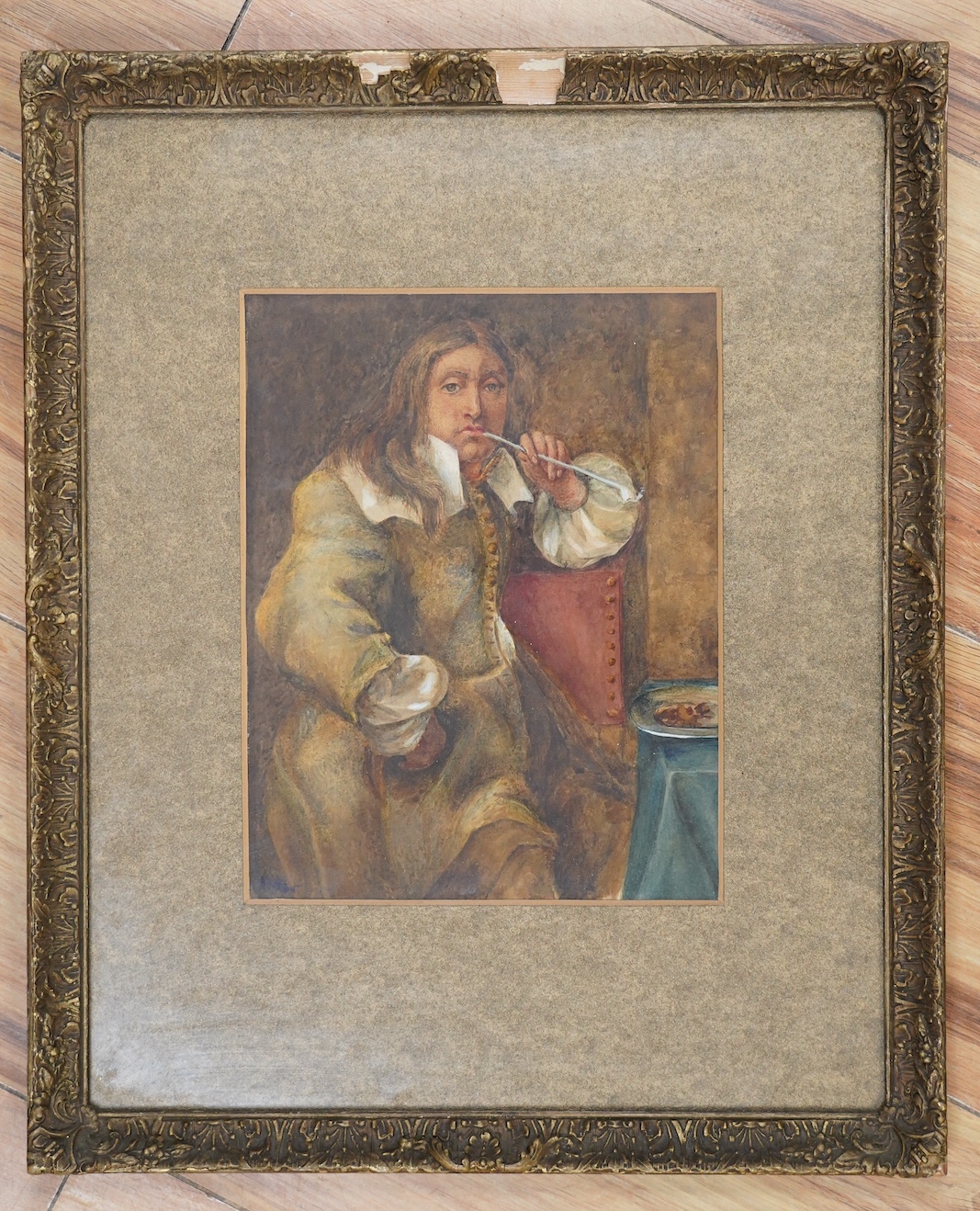 Late 19th century English School, watercolour, Portrait of a 17th century gentleman smoking a pipe, indistinctly signed lower left, 22 x 17cm. Condition - fair